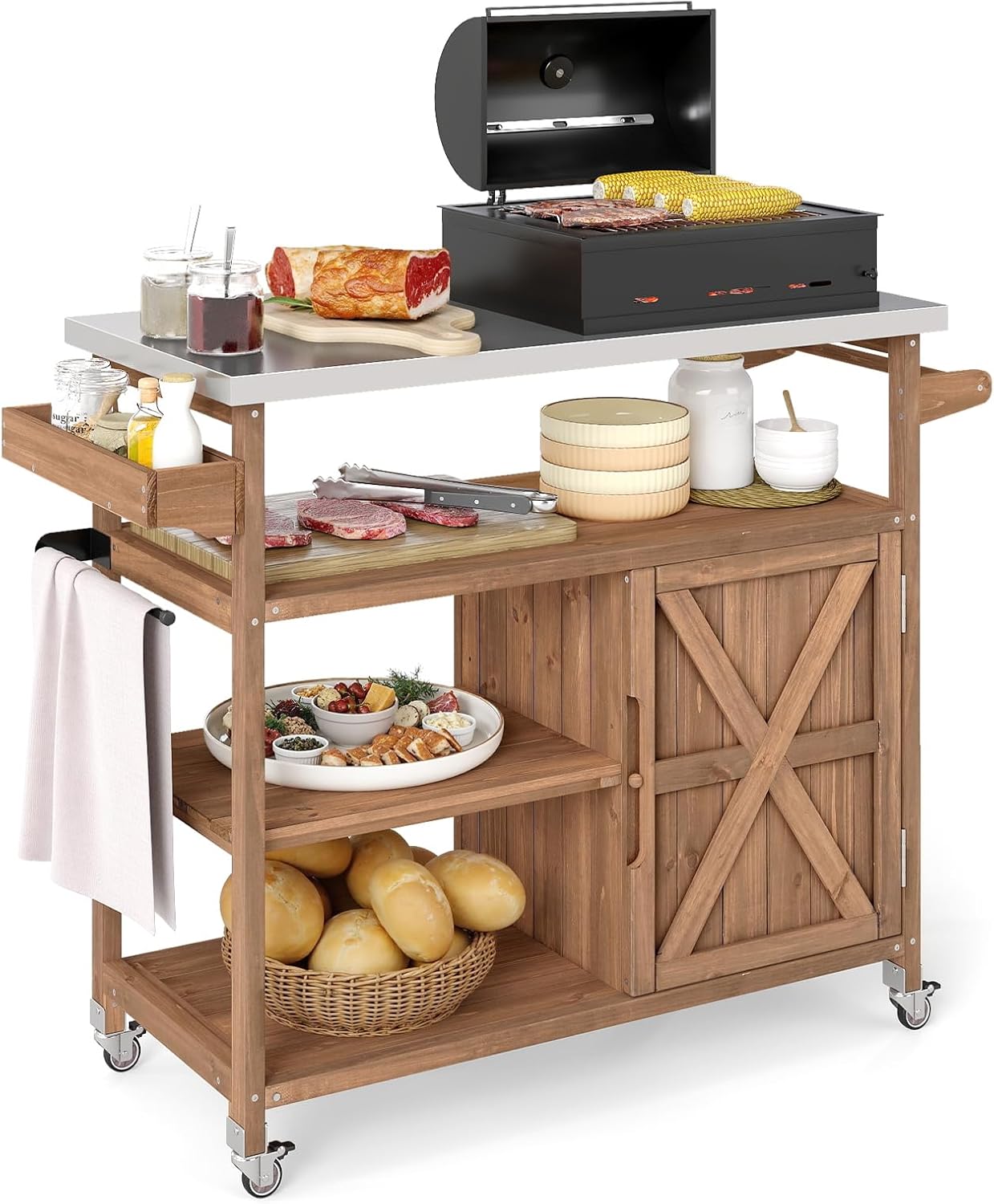 COSTWAY chariot barbecue bois desserte jardin inox rangement 4 roulettes 118x47x92 cm-Roluxyhome