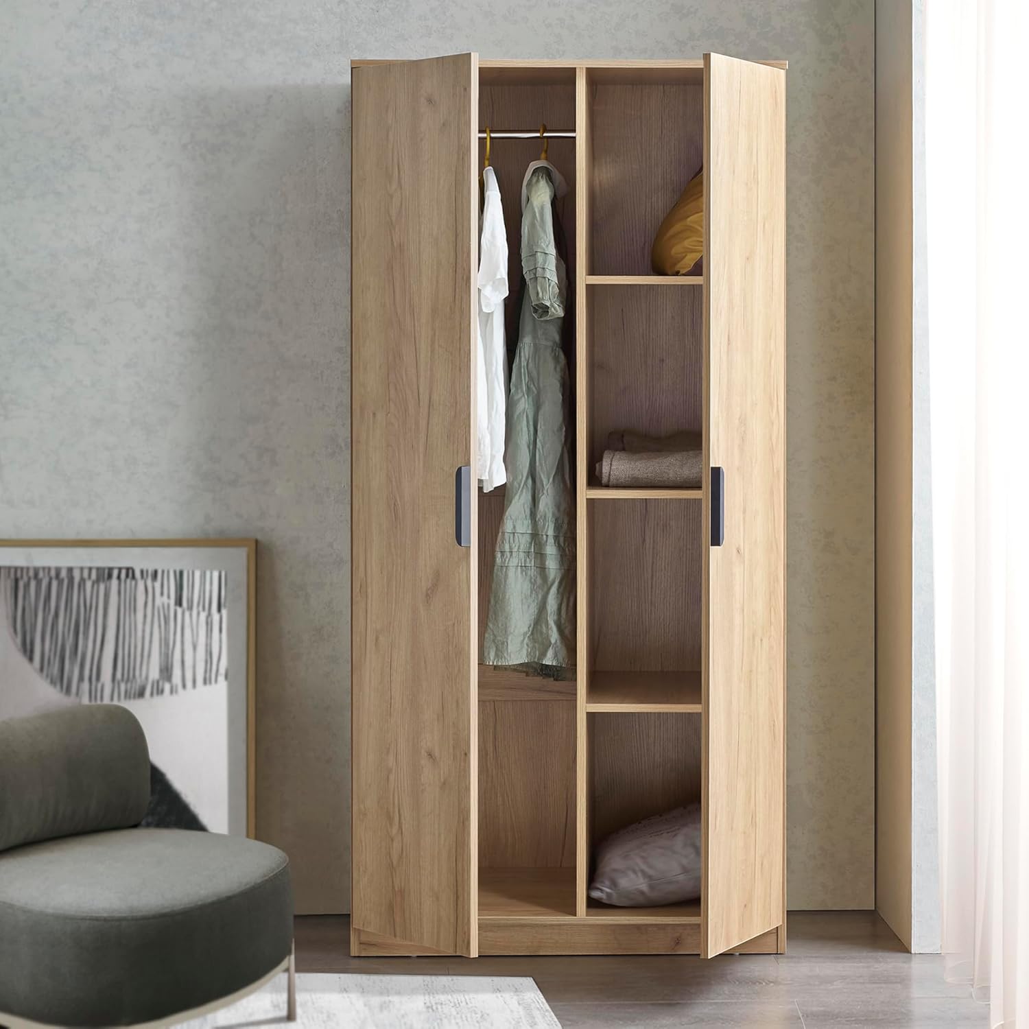 en.casa armoire chambre effet chêne - 80 x 52 x 176 cm bois d’ingénierie - barre penderie 4 étagères - dressing vêtements moderne-Roluxyhome