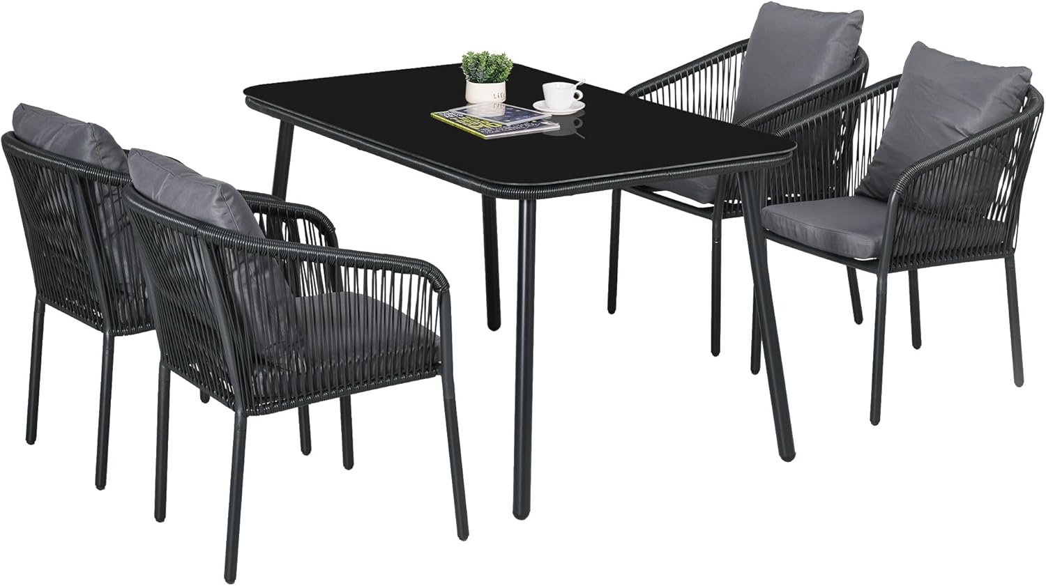 Outsunny salon de jardin 4 personnes ensemble repas rotin pe chaises empilables coussins plateau verre trempe aluminium gris noir-Roluxyhome