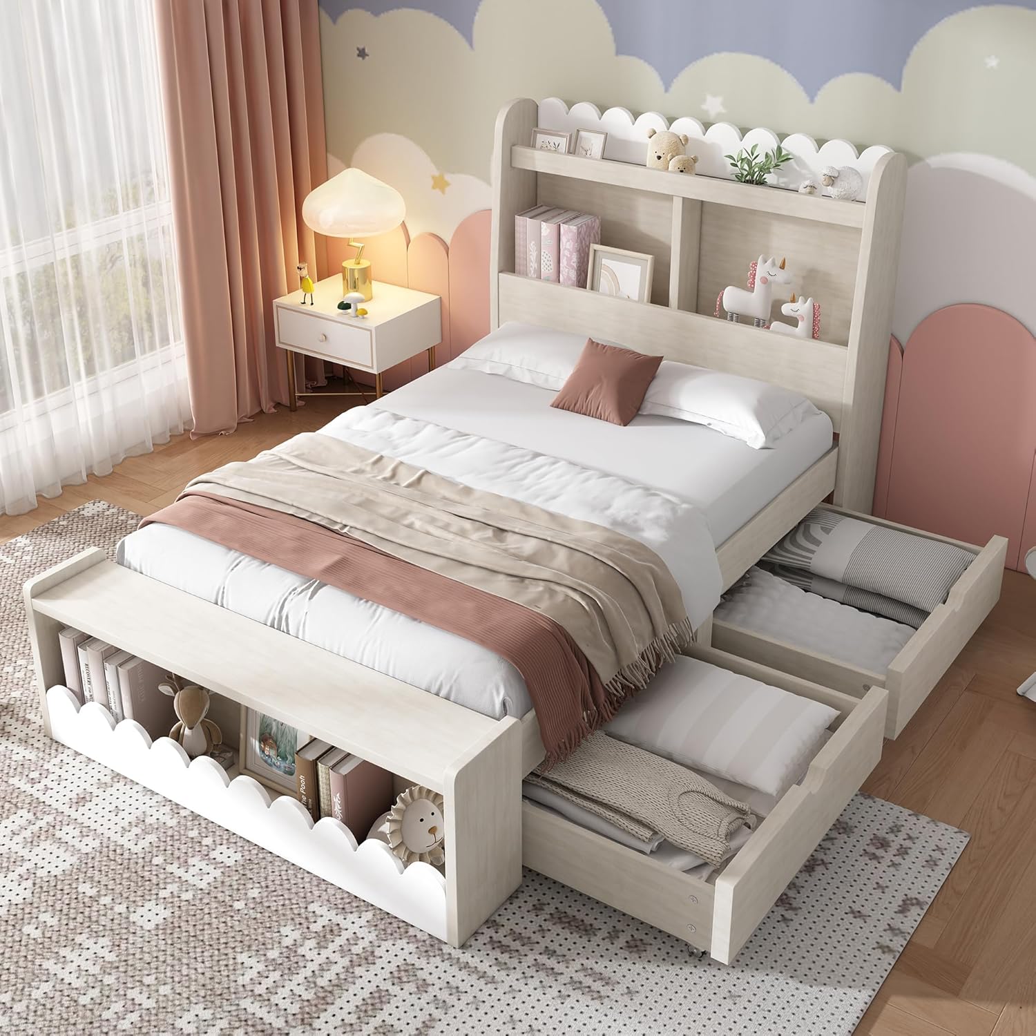 KOMHTOM lit enfant blanc et chêne Votan - couchage 90 x 200 cm dimensions 240 x 98 x 100 cm - bois avec 2 tiroirs support à lattes - chambre enfant style contemporain-Roluxyhome