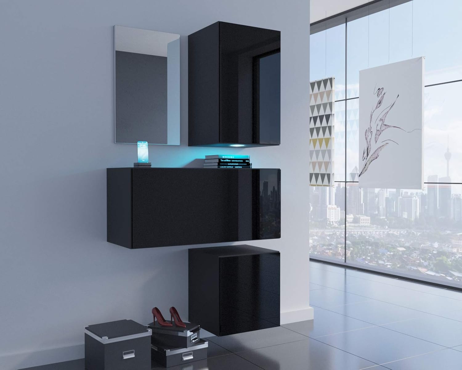 Ensemble meubles couloir Furnitech F2 F2 HG B1 meuble entree miroir LED blanc design moderne rangement entree-Roluxyhome