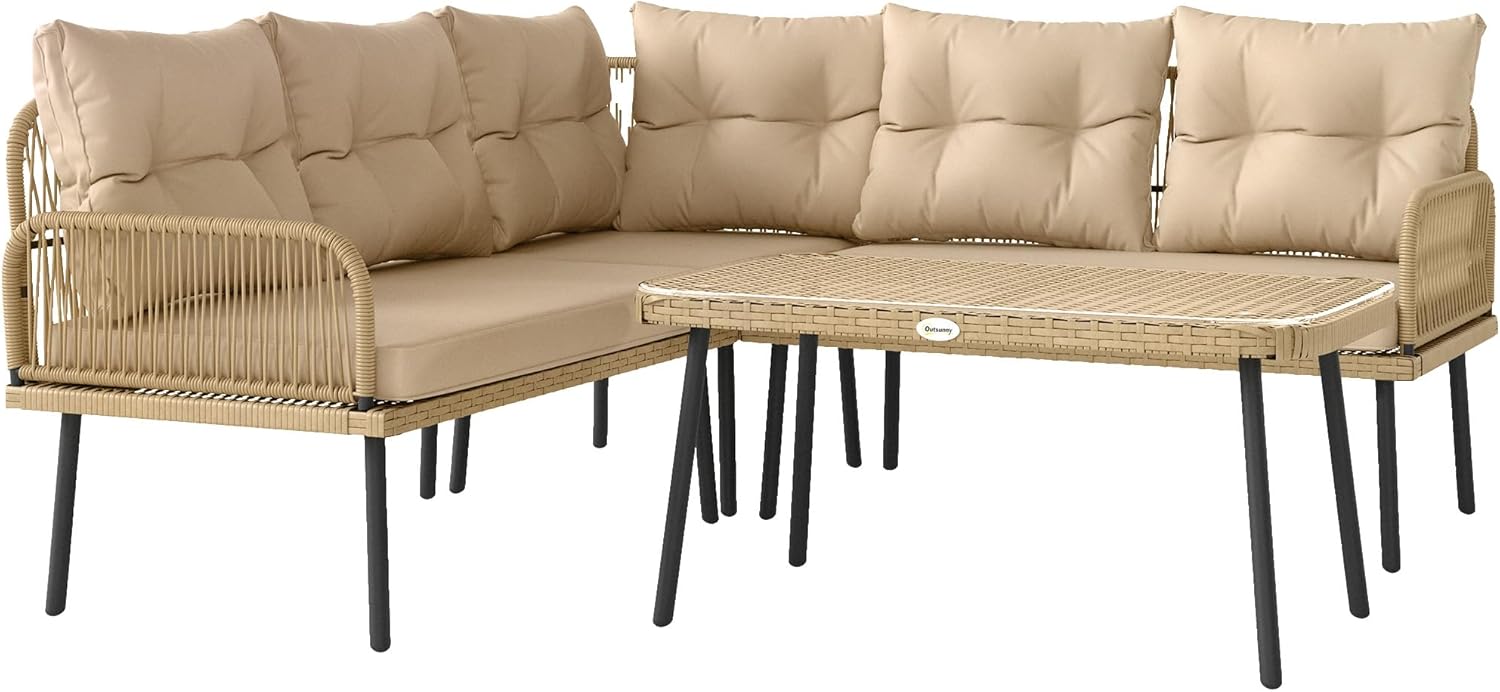 Outsunny salon de jardin exterieur 5 places resine tresse canape chaise angle table verre trempe coussins effet bois naturel-Roluxyhome