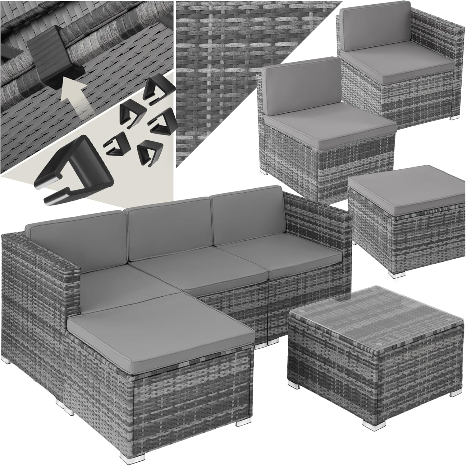 TecTake salon de jardin gris modulable - 3 à 4 personnes en poly rotin - canapé 4 places 3 fauteuils tabouret pouf table - balcon terrasse moderne-Roluxyhome
