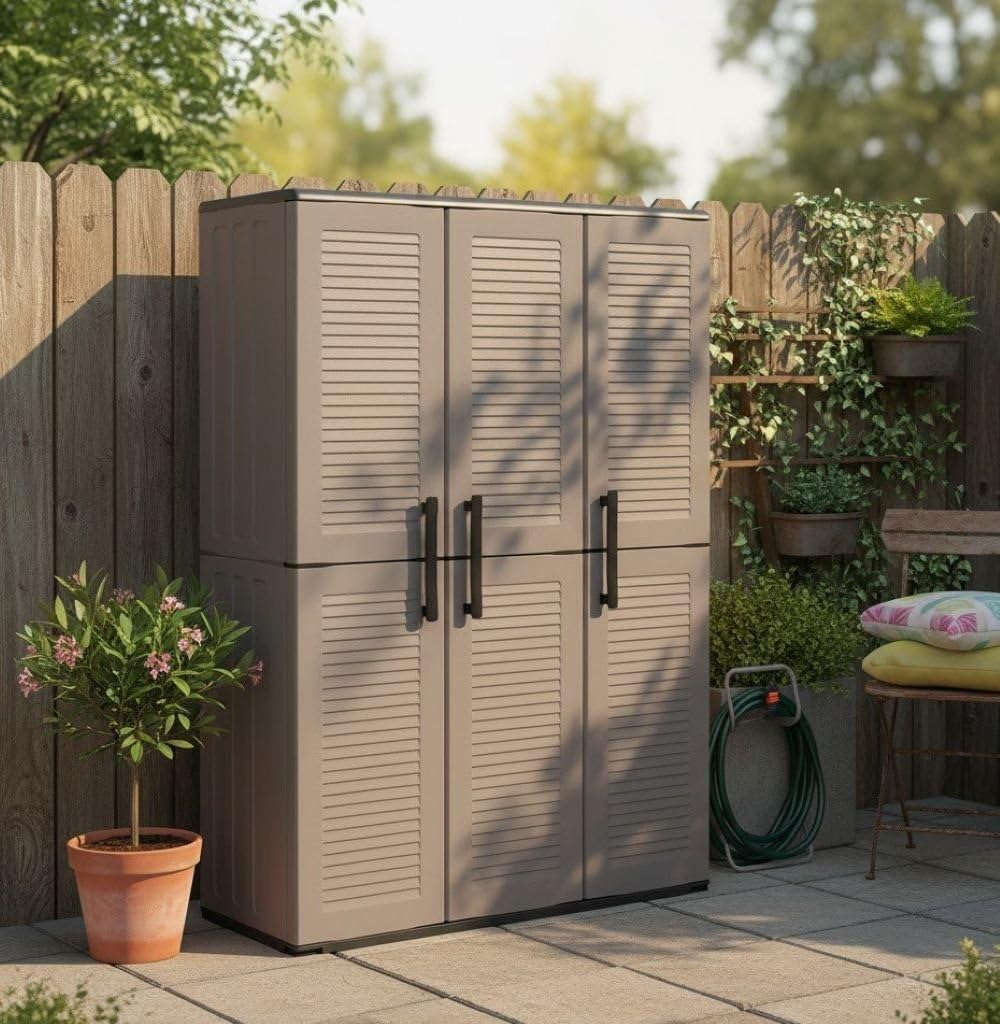 Dmora Bilzen armoire extérieur gris et noir - 102 x 37 x 163 cm plastique résistant rayures - finition rayée portes obturateur - balcon rangement outils-Roluxyhome