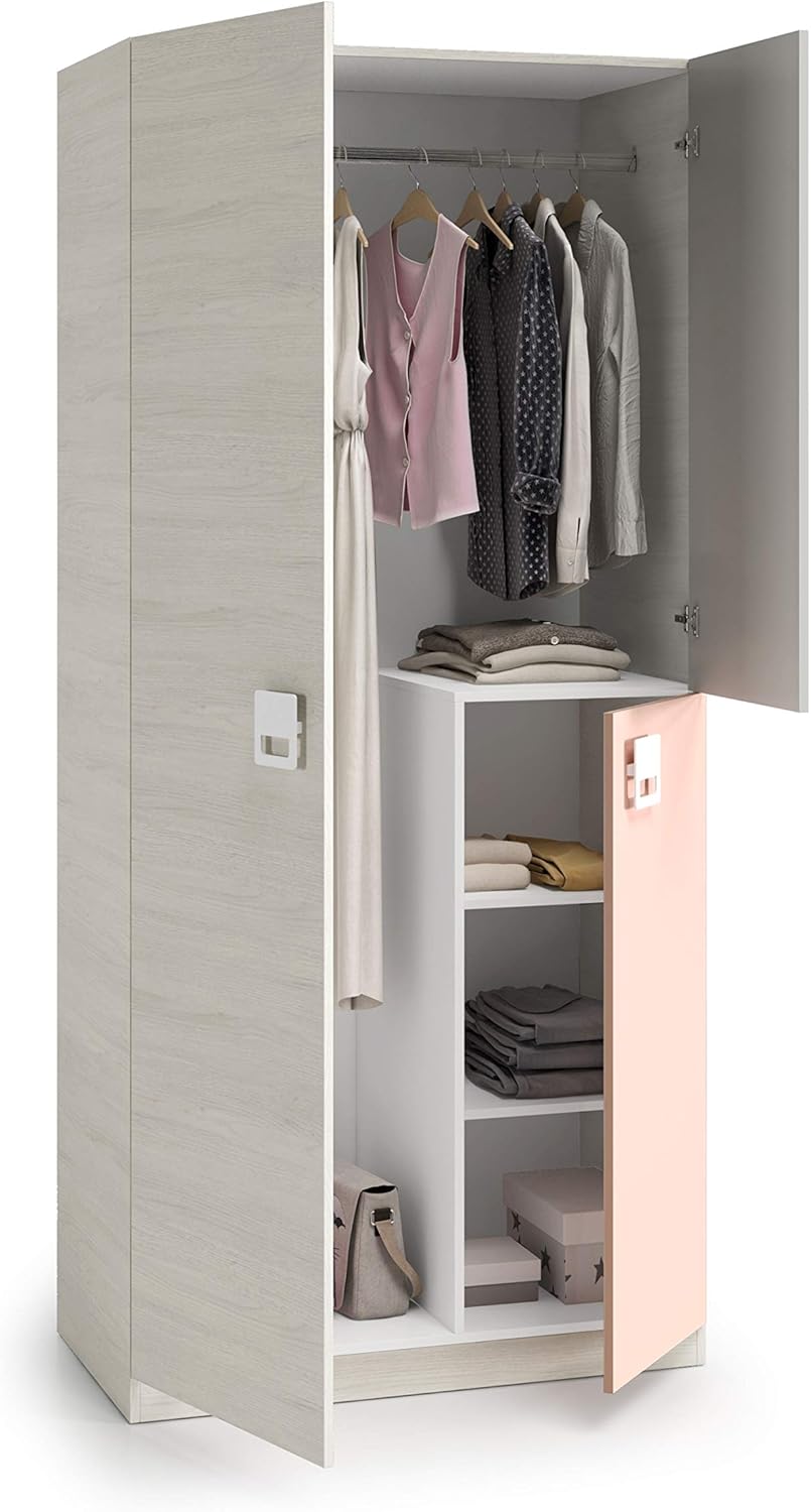 Habitdesign armoire enfant 3 portes 3 etageres 200x90x52 cm blanc gris rose meuble chambre enfant nuage-Roluxyhome