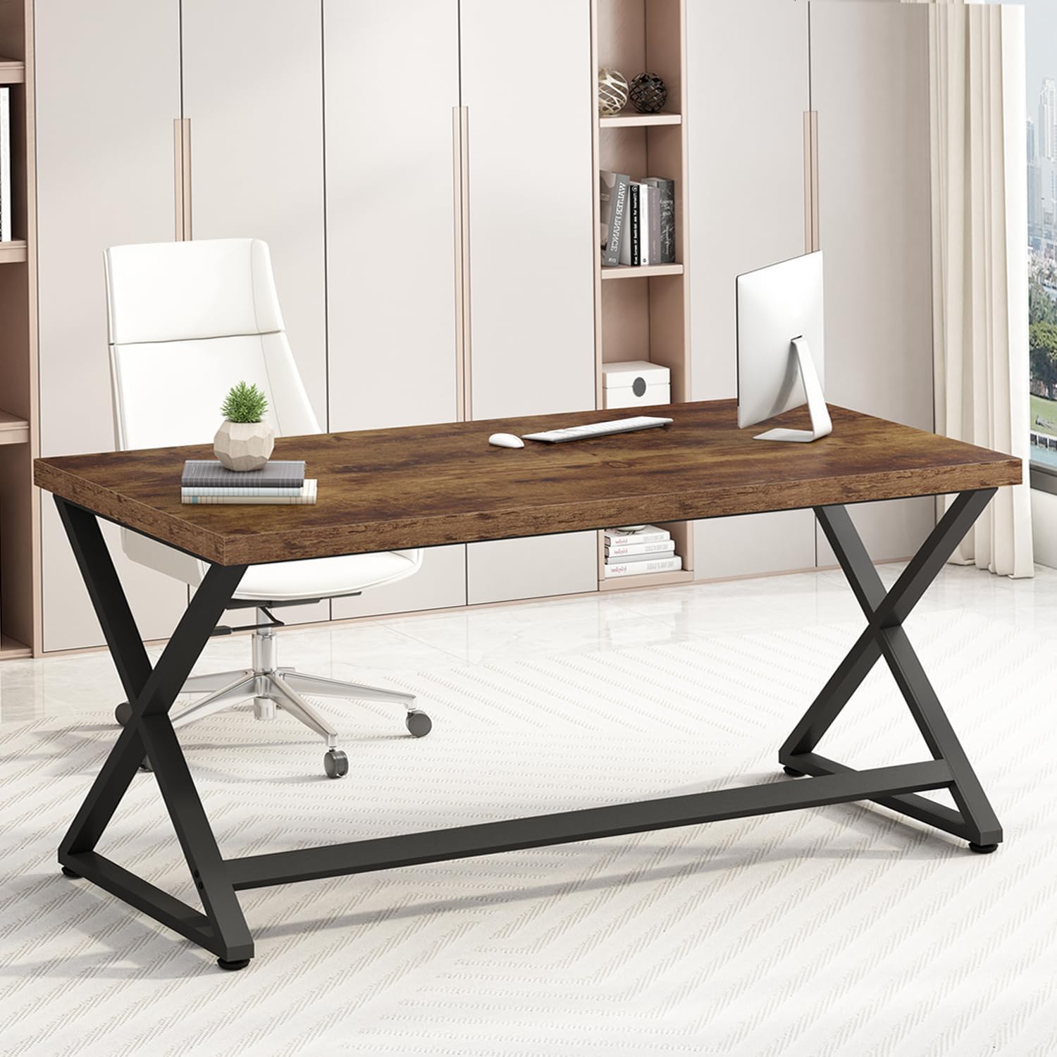 Bureau ordinateur IBF 140cm marron rustique style industriel bureau etude chambre structure metal bois robuste-Roluxyhome