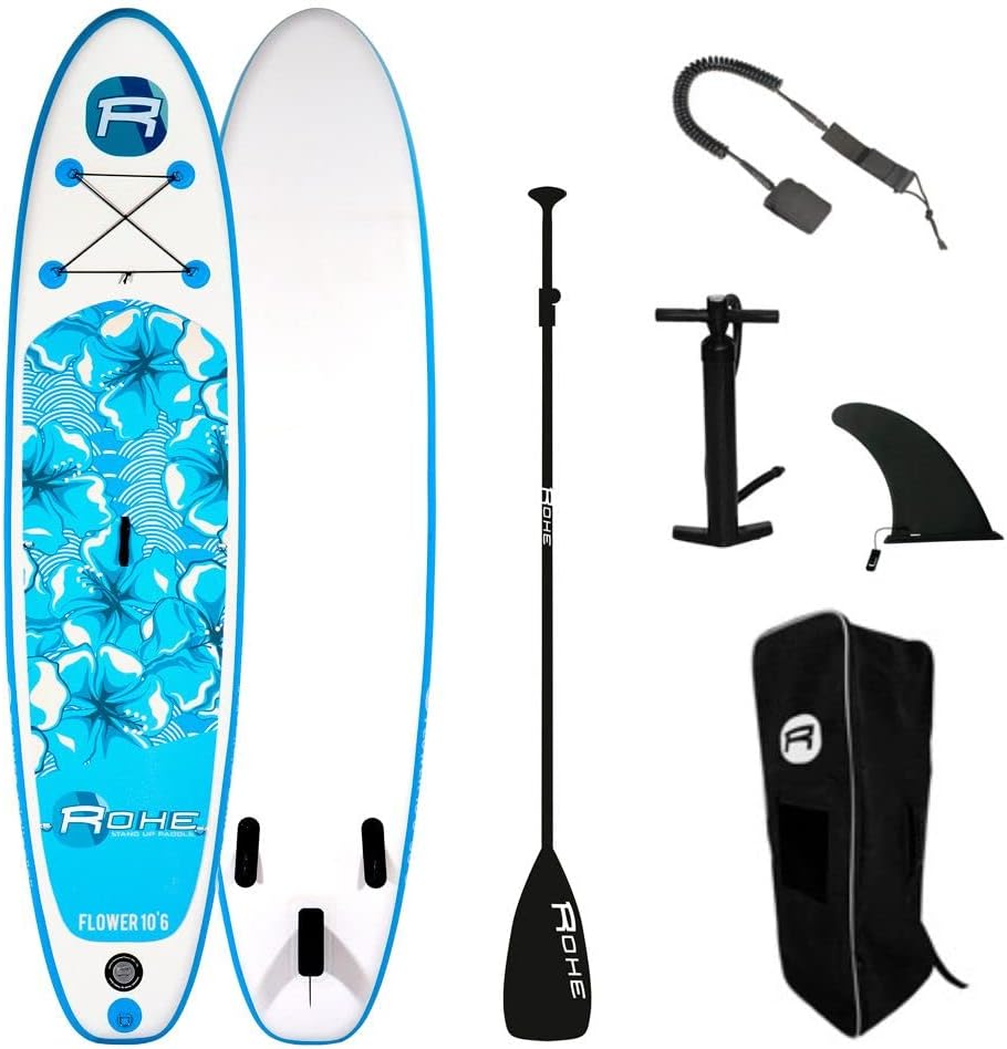 ROHE sup paddle gonflable 10 6 flower cyan 320 cm accessoires complet usage tous niveaux sport nautique PVC usage adulte bleu - paddle sup loisirs stable complet - usage loisir et apprentissage-Roluxyhome