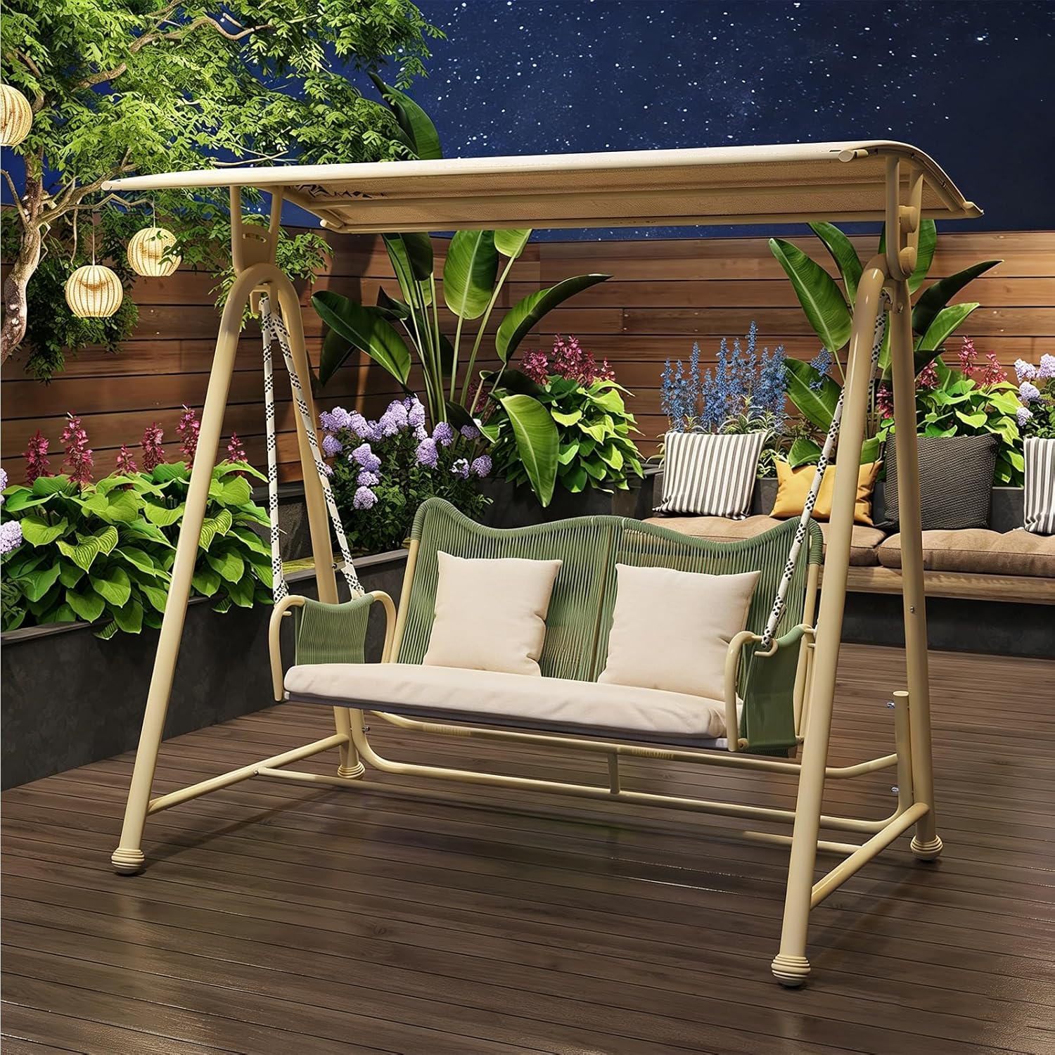 Balancelle extérieur auvent amovible fauteuil berçant terrasse protections pieds structure triangulaire A usage jardin détente - balancelle jardin fauteuil berçant - usage extérieur relaxation-Roluxyhome