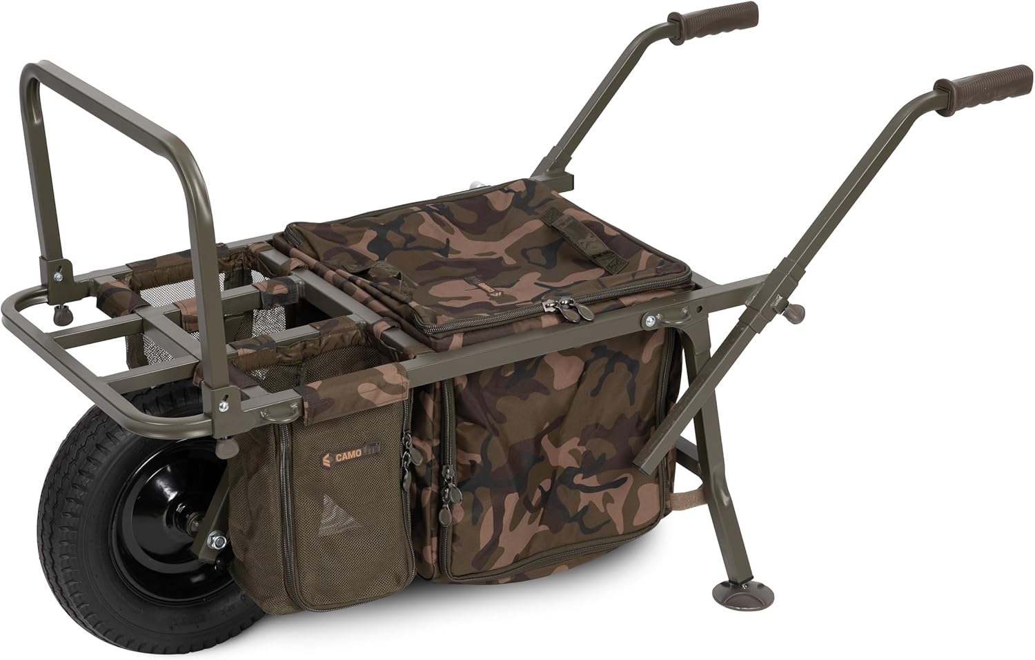 Fox Explorer Barrow MK2 CTR023 brouette de pêche carpe en acier allié vert militaire, design robuste, usage extérieur, transport matériel pêche à la ligne, équipement carpe, chariot stable pour sessions pêche et déplacements terrain-Roluxyhome