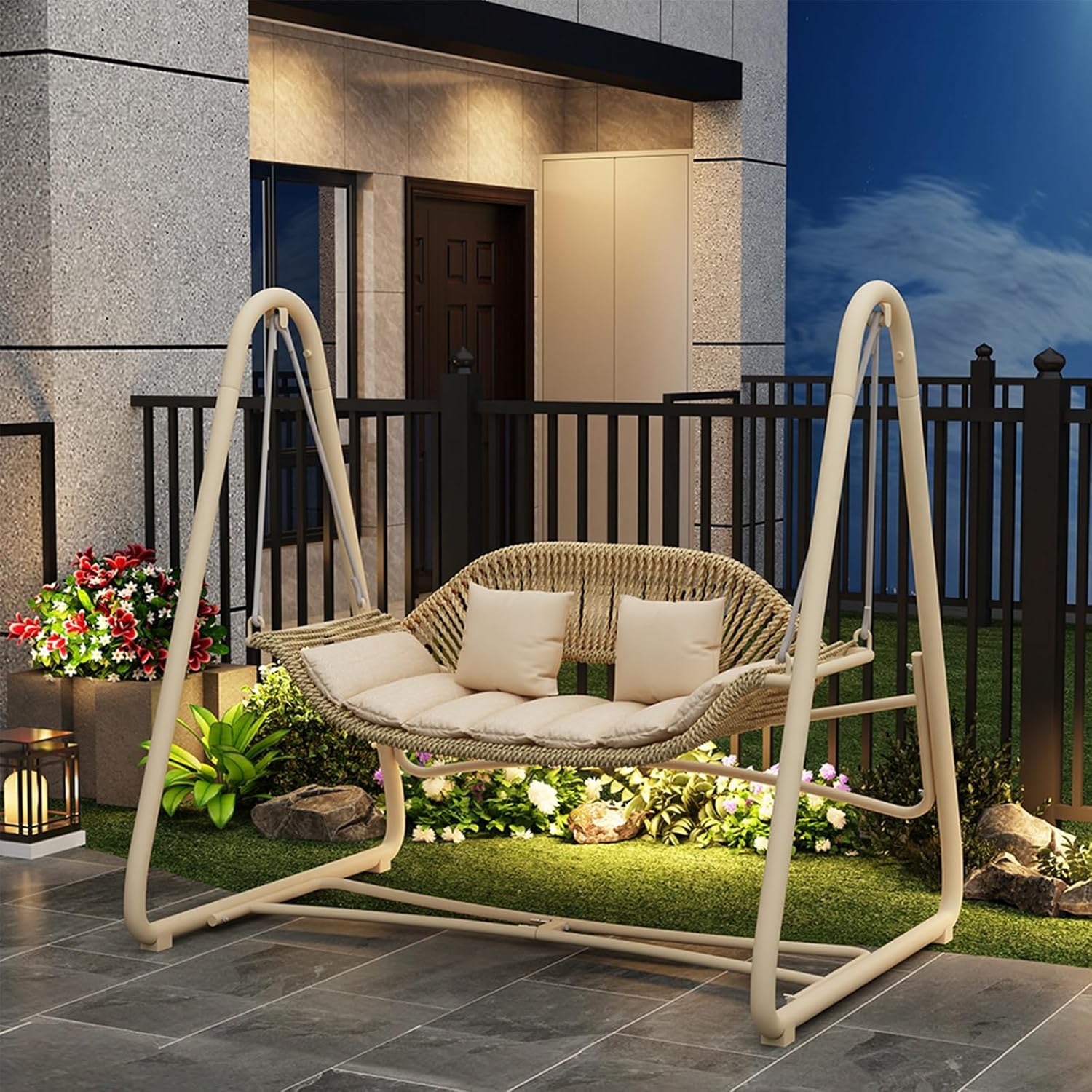 Balancelle jardin acier galvanisé patins antidérapants corde haute résistance usage extérieur cour jardin pelouse usage détente - balancelle jardin structure acier - usage extérieur robuste et stable-Roluxyhome