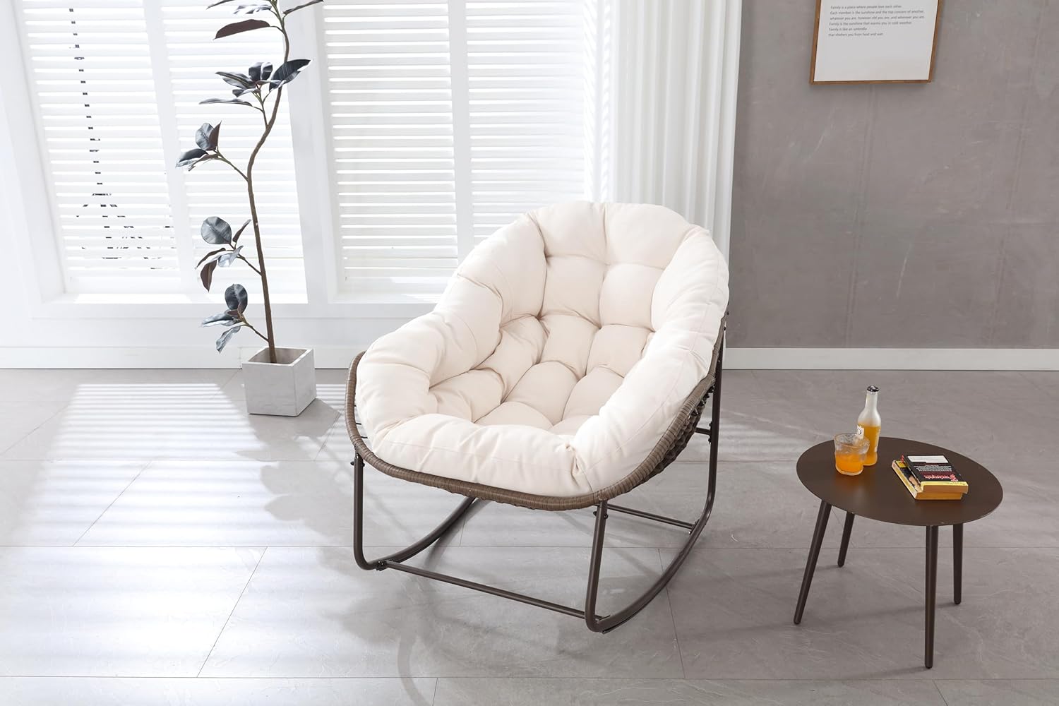 OKMYHOME Jardin Fauteuil Suspendu Bascule Balcon Terrasse Acier Robuste Coussin Coton 94.5x111x80cm Beige-Roluxyhome
