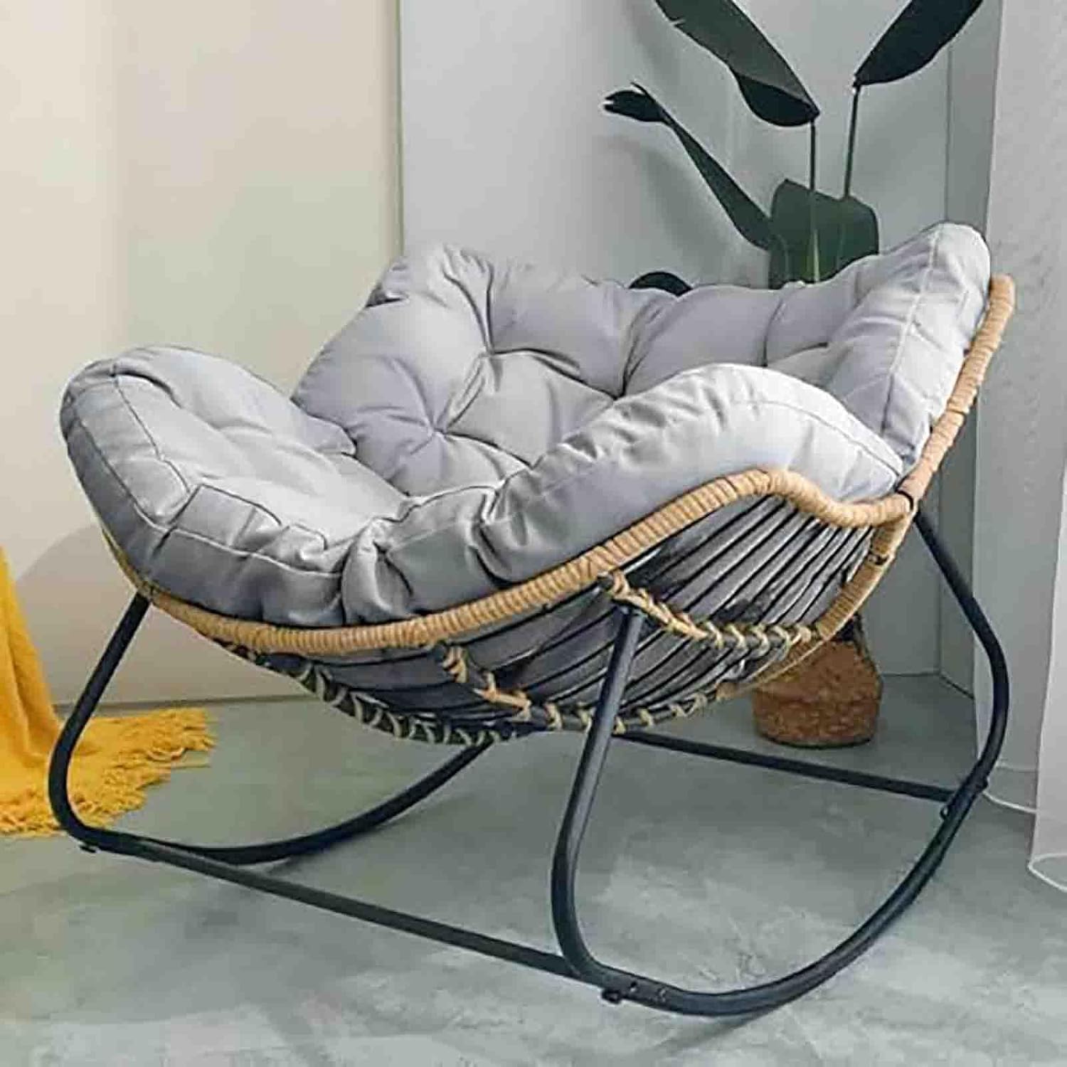 Fauteuil a Bascule Oeuf Rotin Avec Coussin Gris 65x115x120cm-Roluxyhome