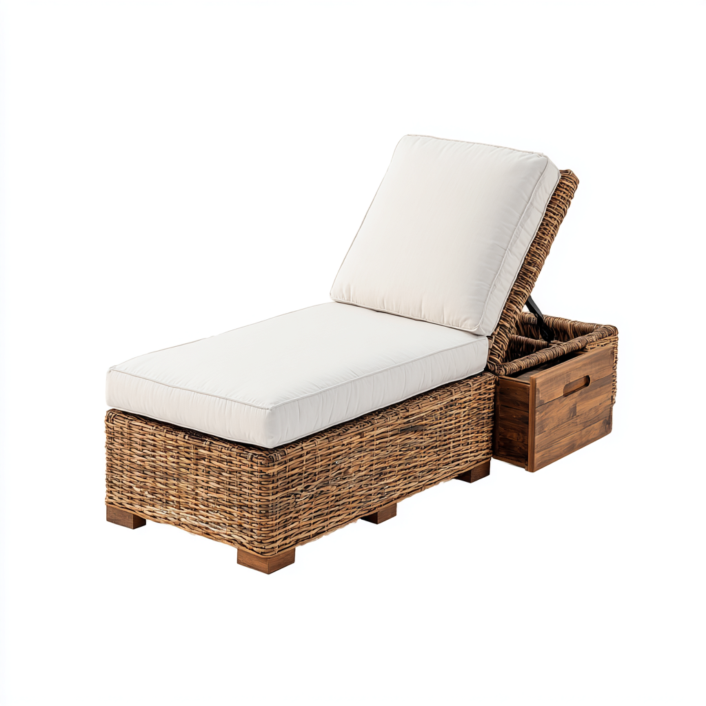 Bain de soleil en fibres tressées 190x70x75 cm - Bois naturel et blanc - Style bohème pour extérieur-Bamboomyio