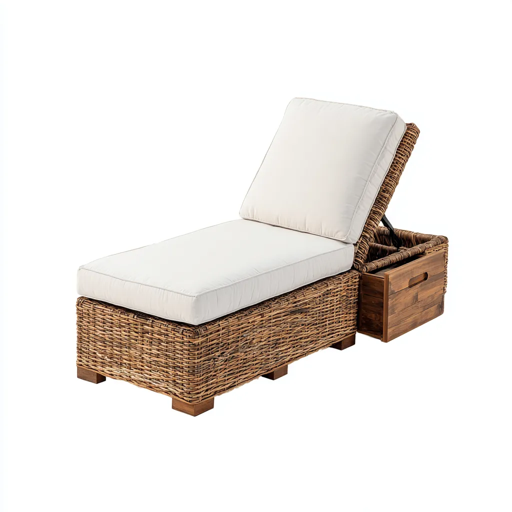 Bain de soleil en fibres tressées 190x70x75 cm - Bois naturel et blanc - Style bohème pour extérieur-Bamboomyio