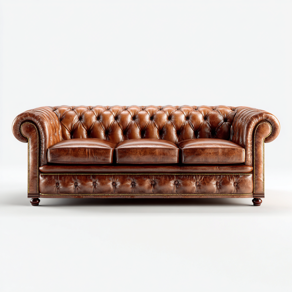 Canapé droit en cuir capitonné 220x95x80 cm - Finition marron - Style classique-Bamboomyio