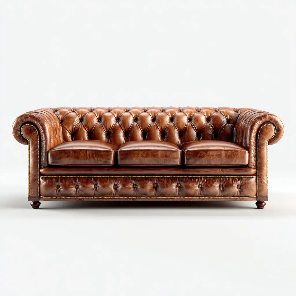 Canapé droit en cuir capitonné 220x95x80 cm - Finition marron - Style classique-Bamboomyio