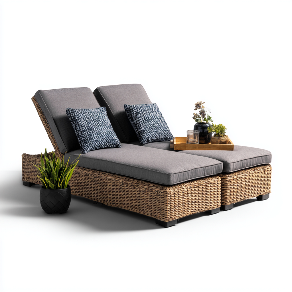 Bain de soleil double en résine tressée 200x140x85 cm - Gris-Bois naturel - Design contemporain pour extérieur-Bamboomyio