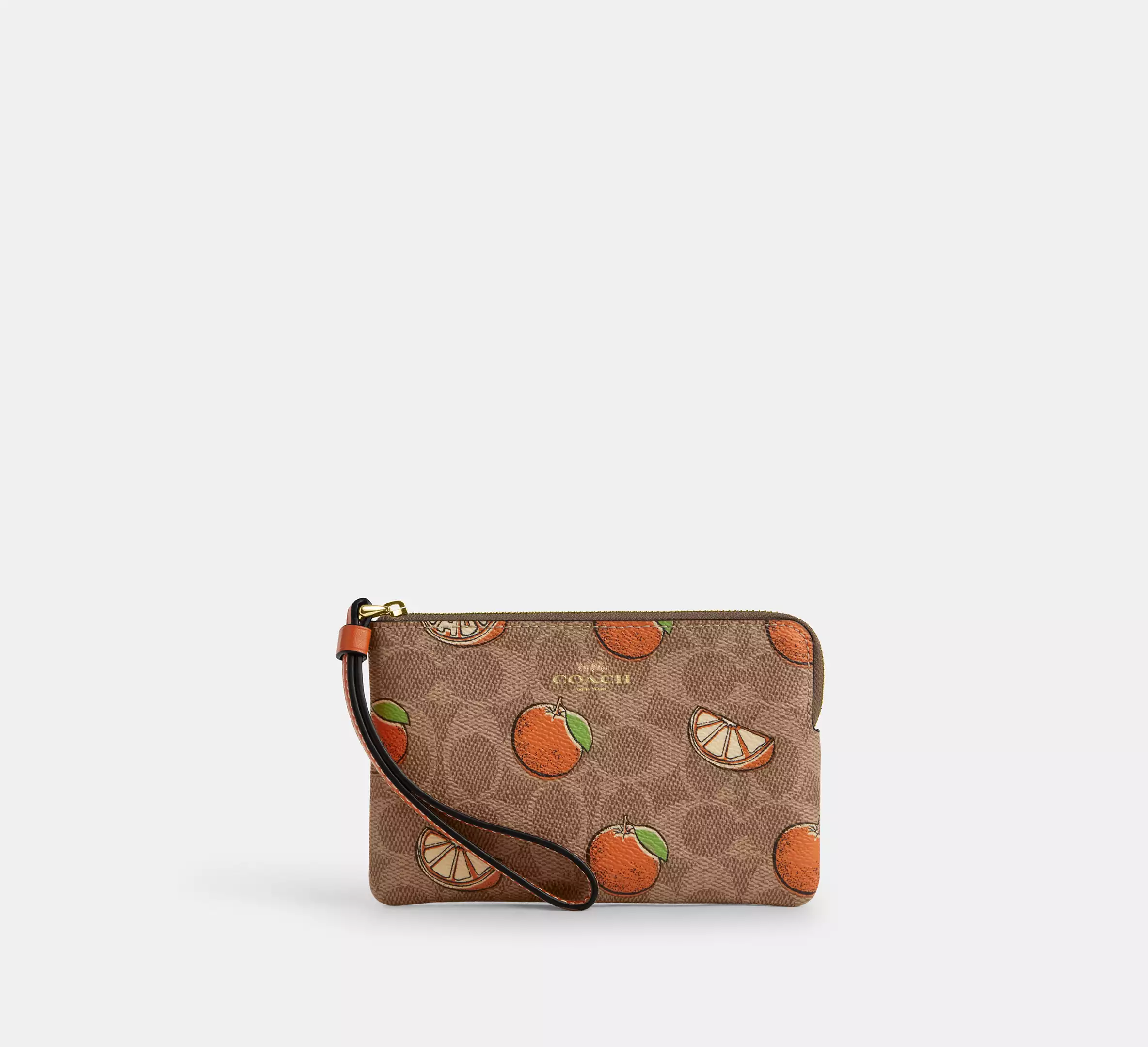 Corner Zip Wristlet In Signature Canvas With Orange Print