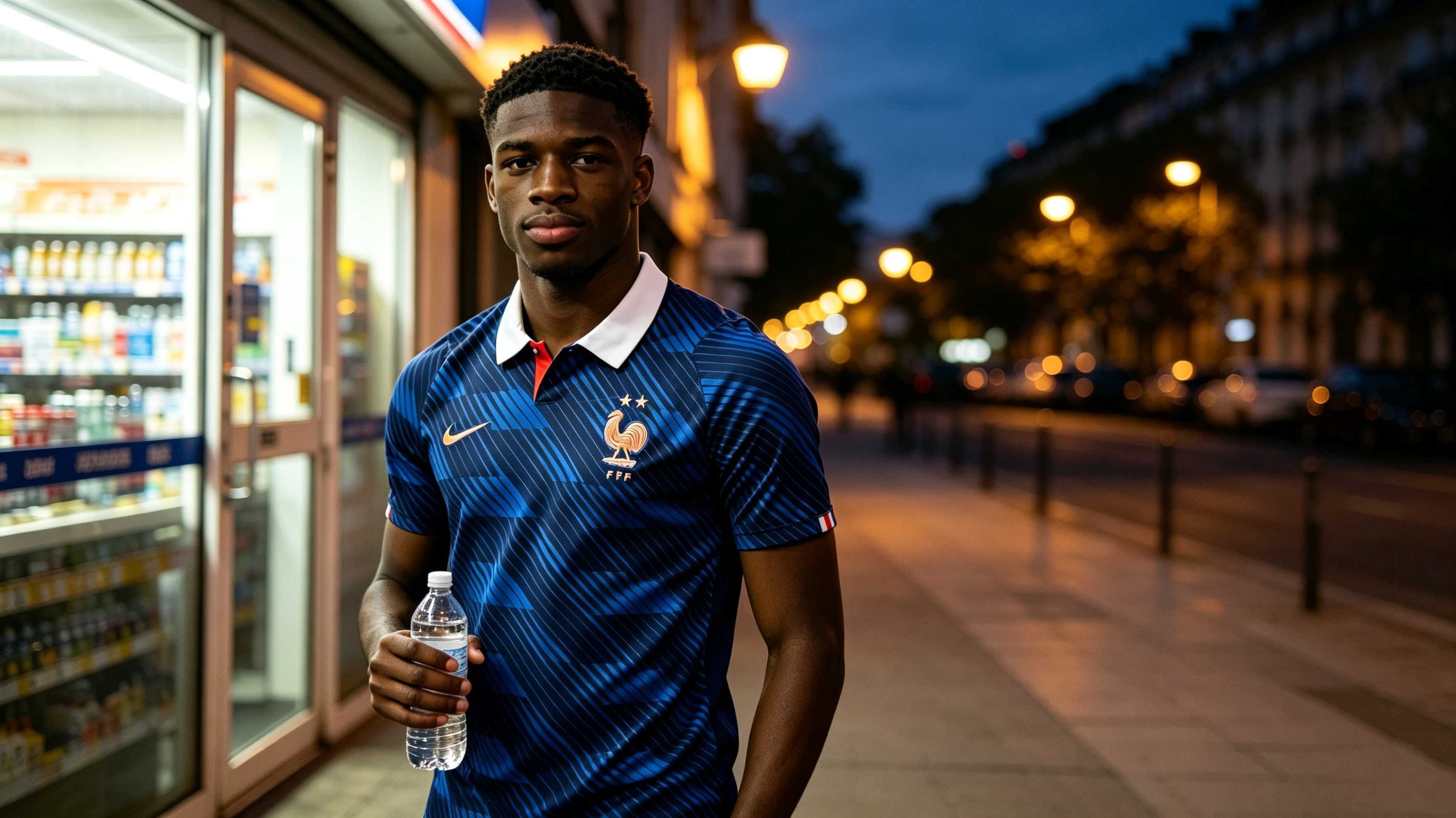 Natural outdoor 16:9 buyer shot, western male model in France national team jersey, plain scene without cluttered props