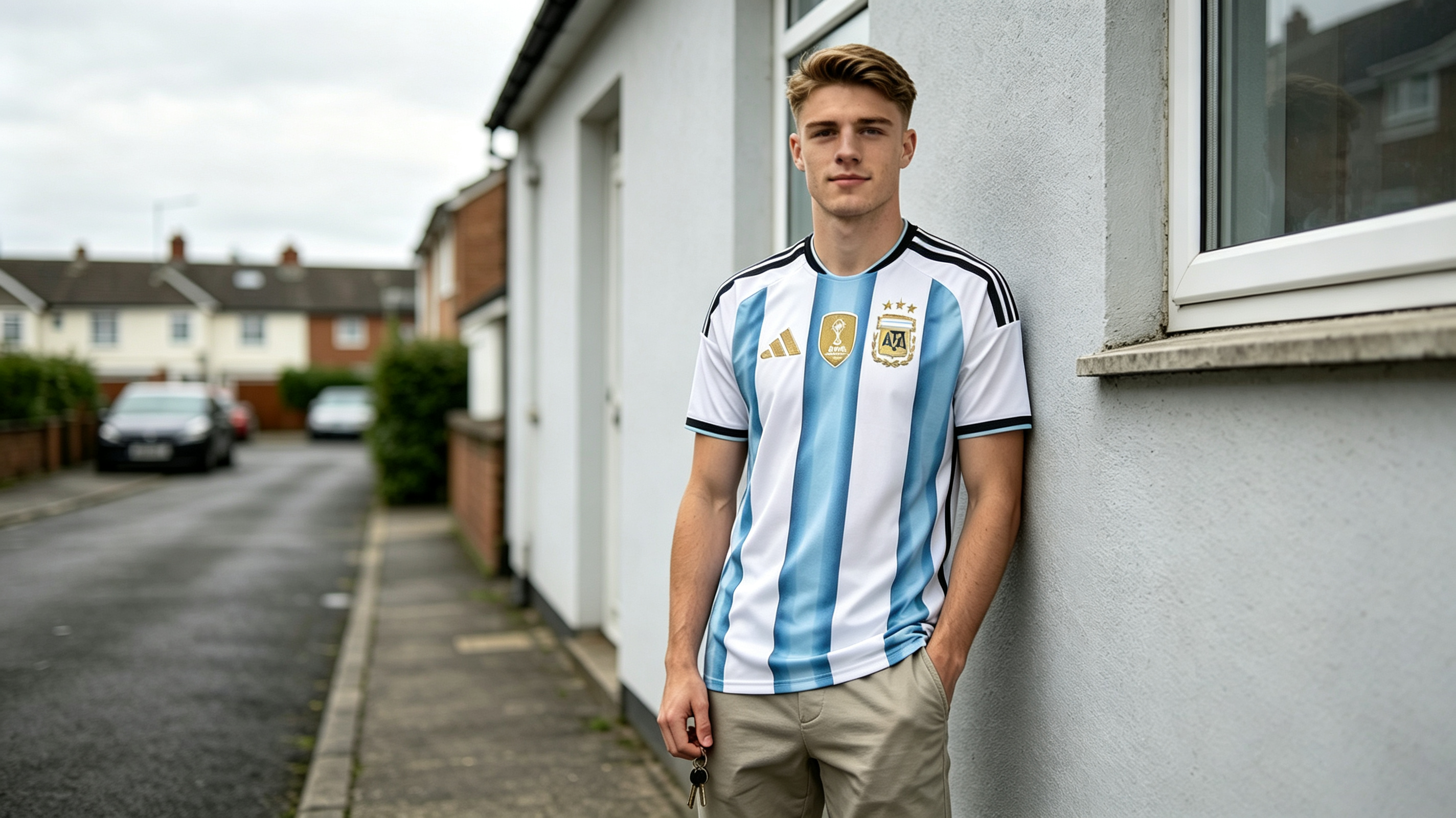 street casual UGC photo, foreign man in Argentina 3-star jersey, authentic handheld snapshot with minimal decor