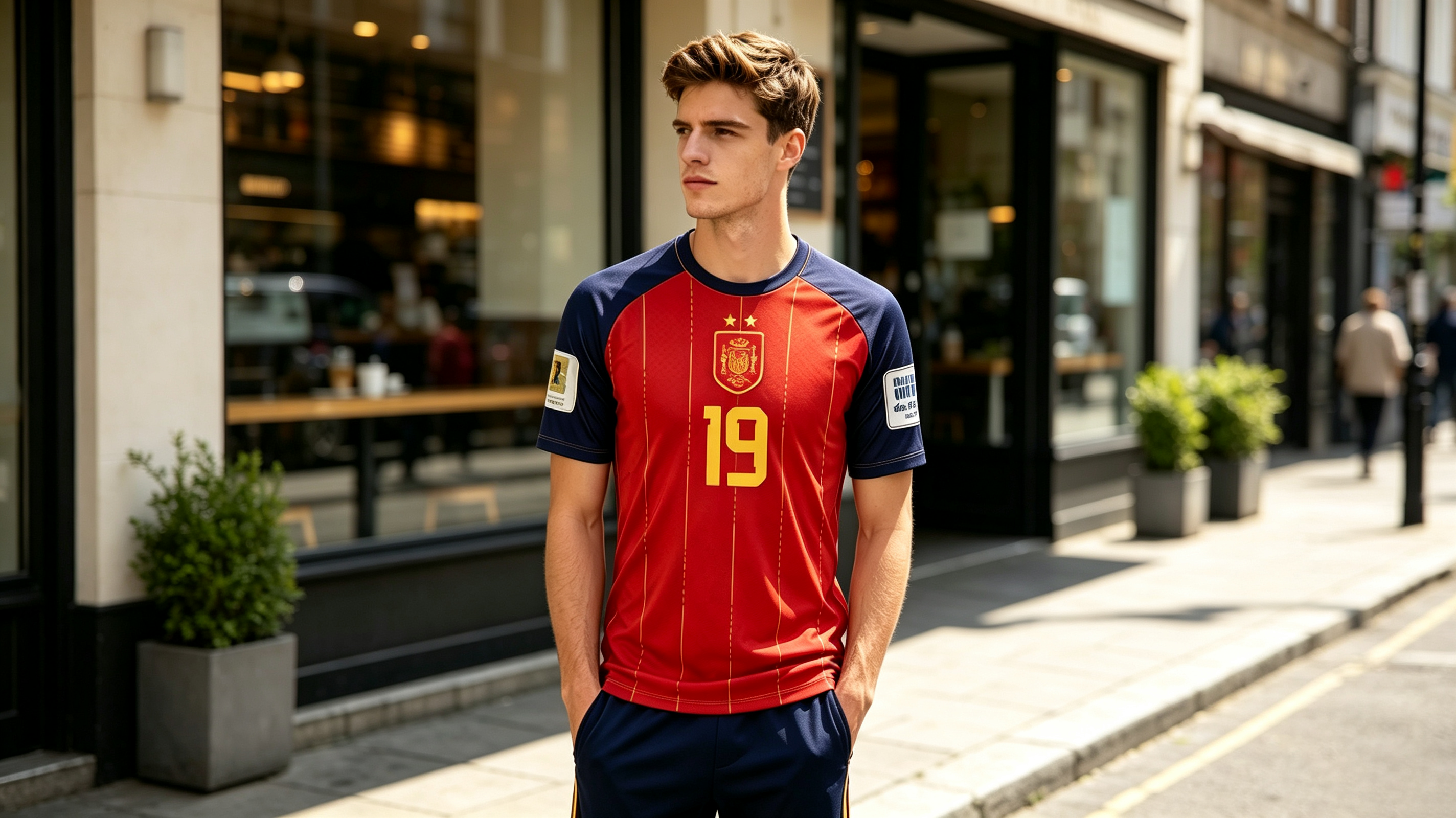 casual street shot of western man wearing Spain 2-star Yamal jersey, natural phone-style buyer photo, no extra decorations