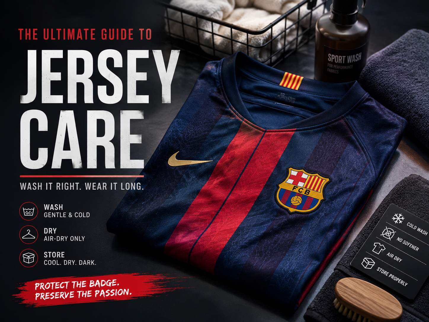 Football jersey care guide featuring a folded red and blue shirt, washing supplies, towels, and care tips.