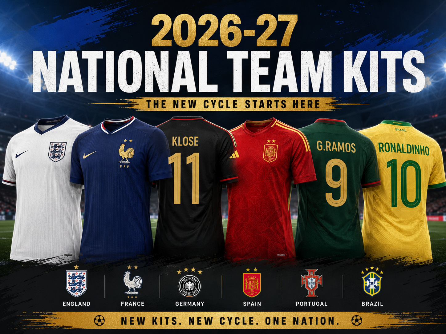 2026-27 national team football kits featuring England, France, Germany, Spain, Portugal and Brazil
