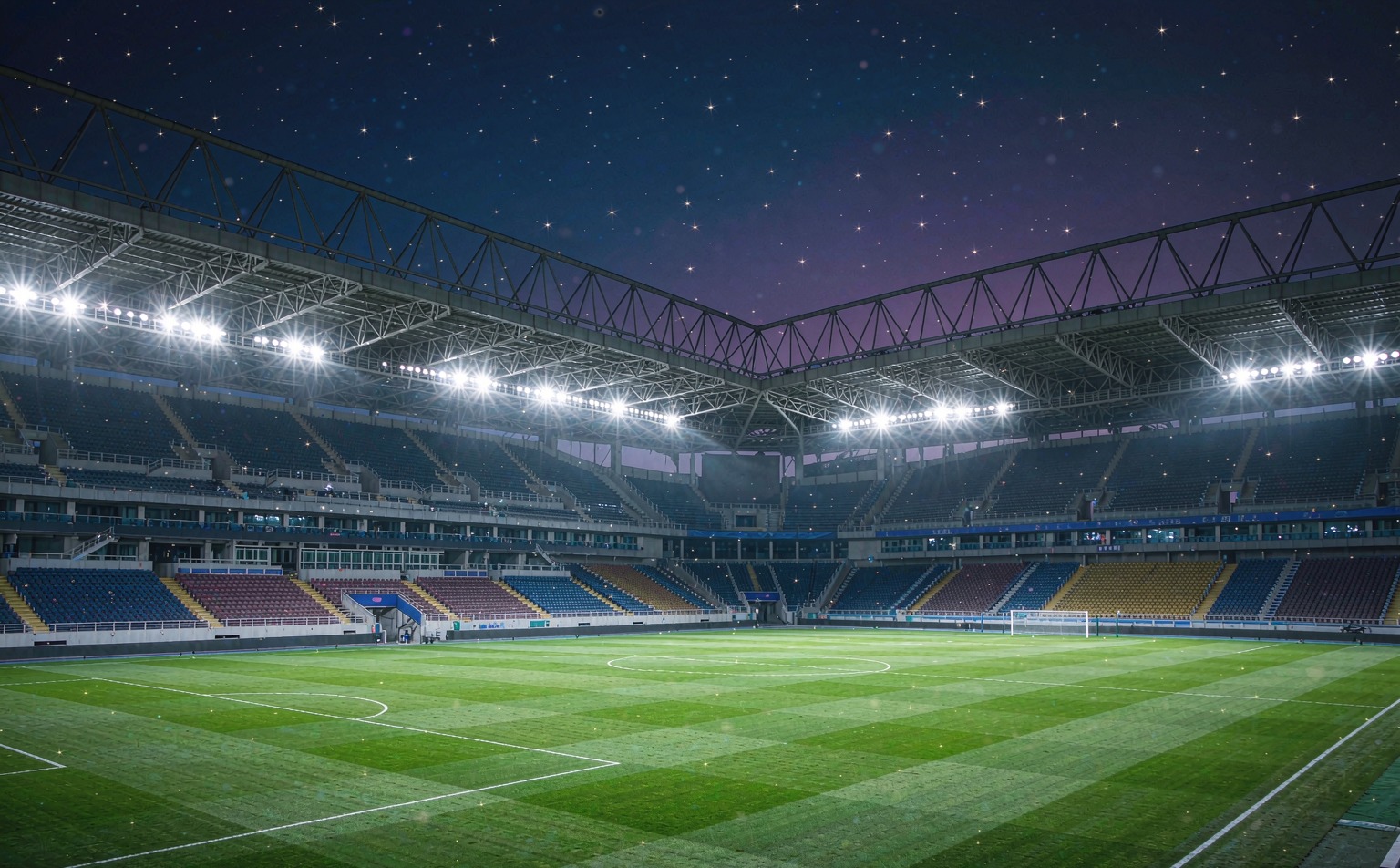A packed European stadium under the night sky