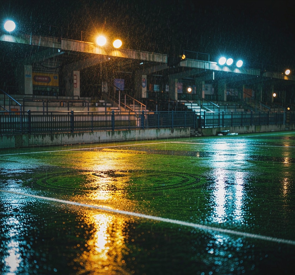 Rain-slicked pitch reflecting the floodlights
