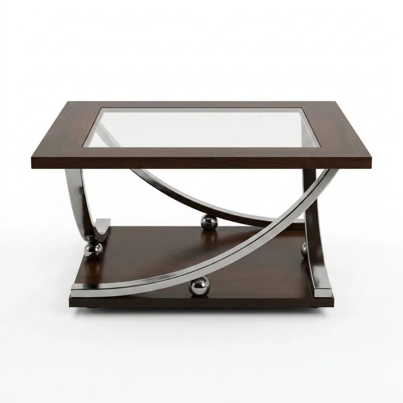 Couchtisch aus Massivholz und Glas mit Edelstahl 80cm