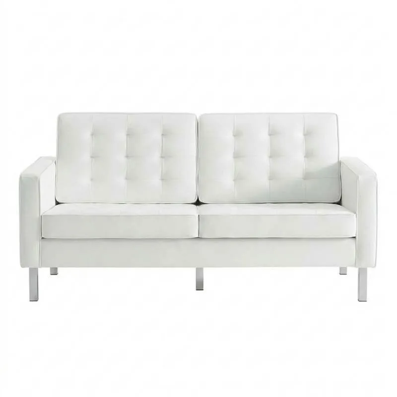 Weißes Zweisitzer-Ledersofa mit Edelstahlbeinen