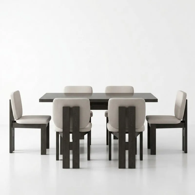 Das Esszimmer-Set aus schwarzer Eiche umfasst einen Tisch und sechs beige Stühle