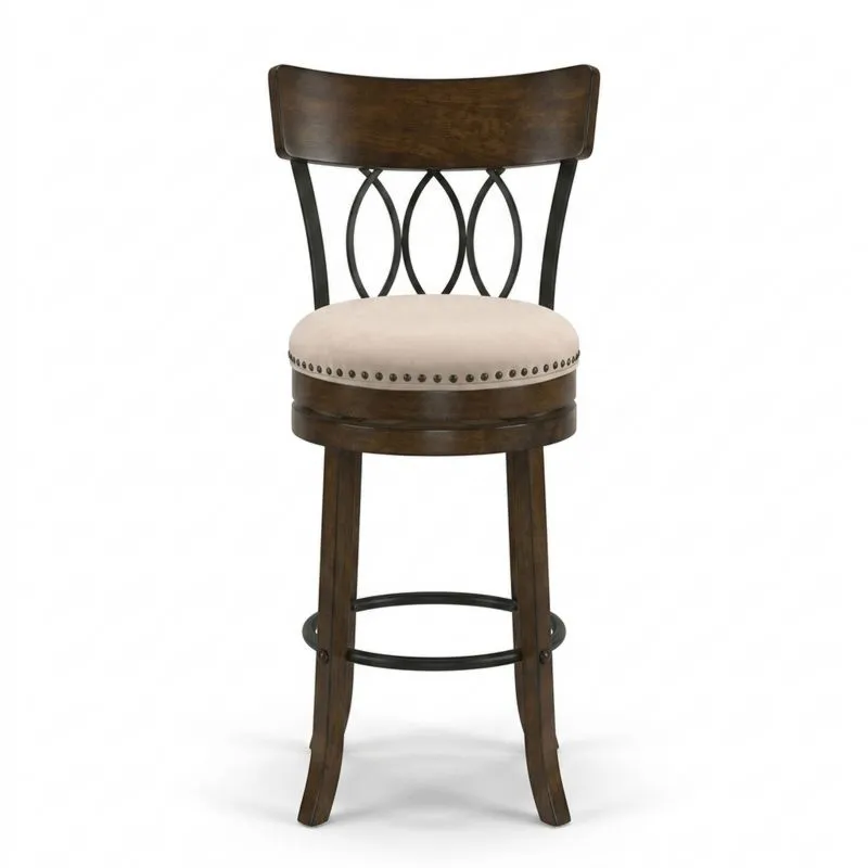 Barhocker aus Massivholz und pulverbeschichtetem Stahl mit Rückenlehne, dunkelbraun/beige
