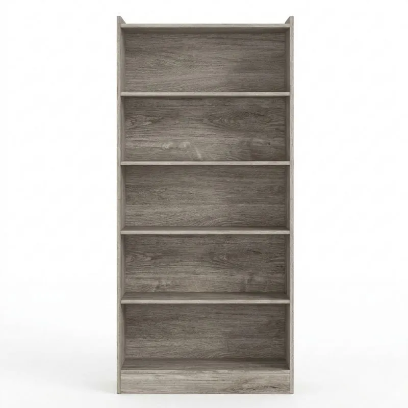 Graues, fünflagiges Spanplatten-Bücherregal mit Holzmaserung 180cm