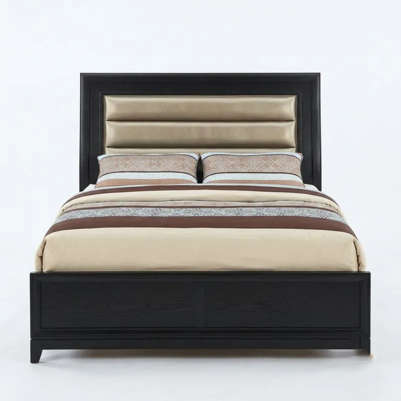 Holzbett mit Kunstleder-Kopfteil, Schwarz/Beige, 200x160 cm