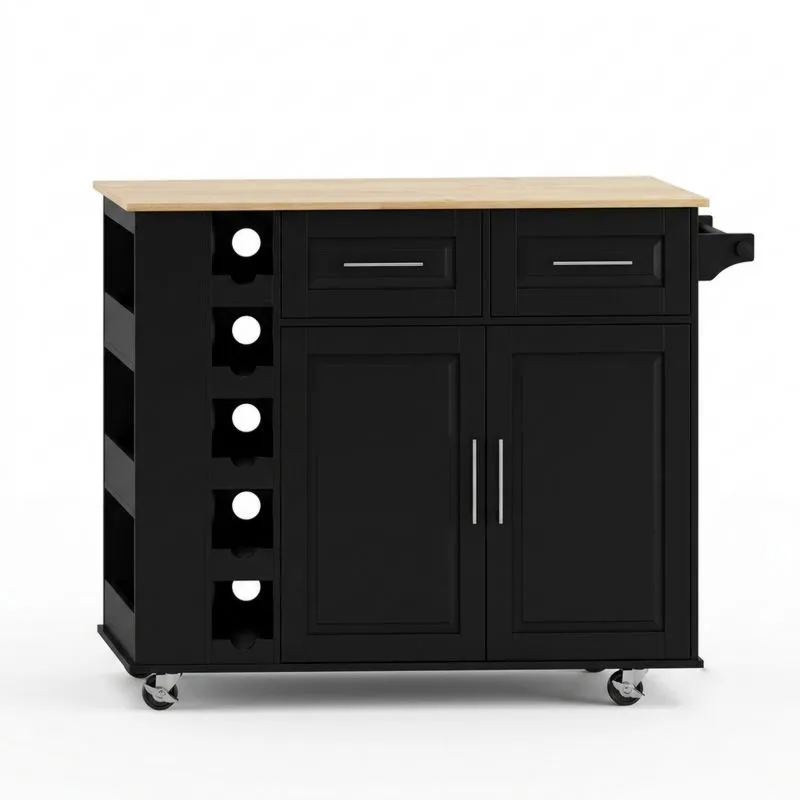 Schwarzer Küchenwagen mit Arbeitsplatte aus Massivholz und Weinschrank