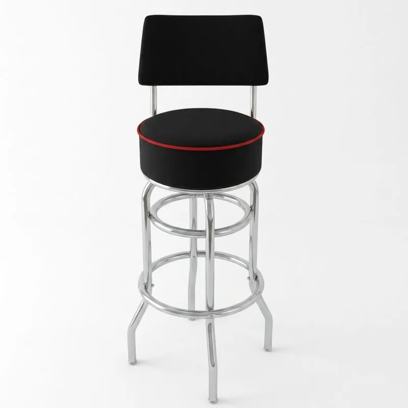 Barhocker aus Stahl, schwarzes Kunstleder, rote Akzente