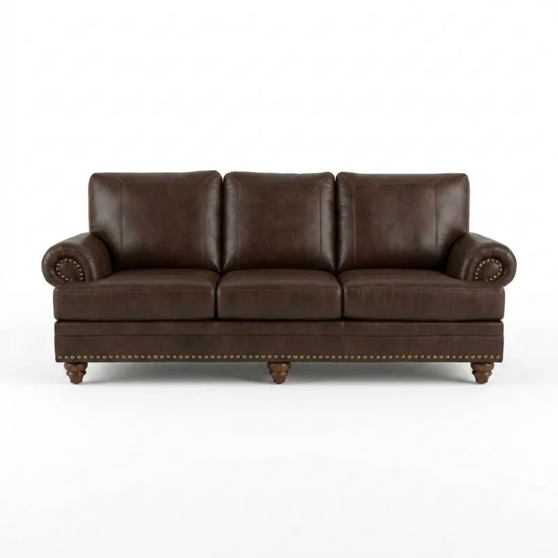 Dreisitzer-Sofa aus braunem Kunstleder mit Beinen aus Massivholz