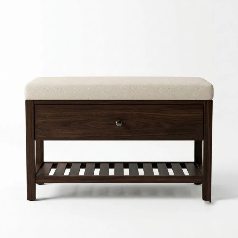 Holzhocker mit Schubladen und Polyesterbezug, 95 cm lang
