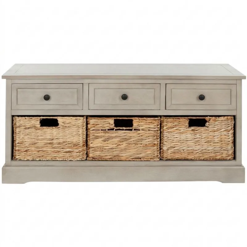 Kommode Massivholz Beige mit Wasserhyazinthenkorb 100x35x50cm