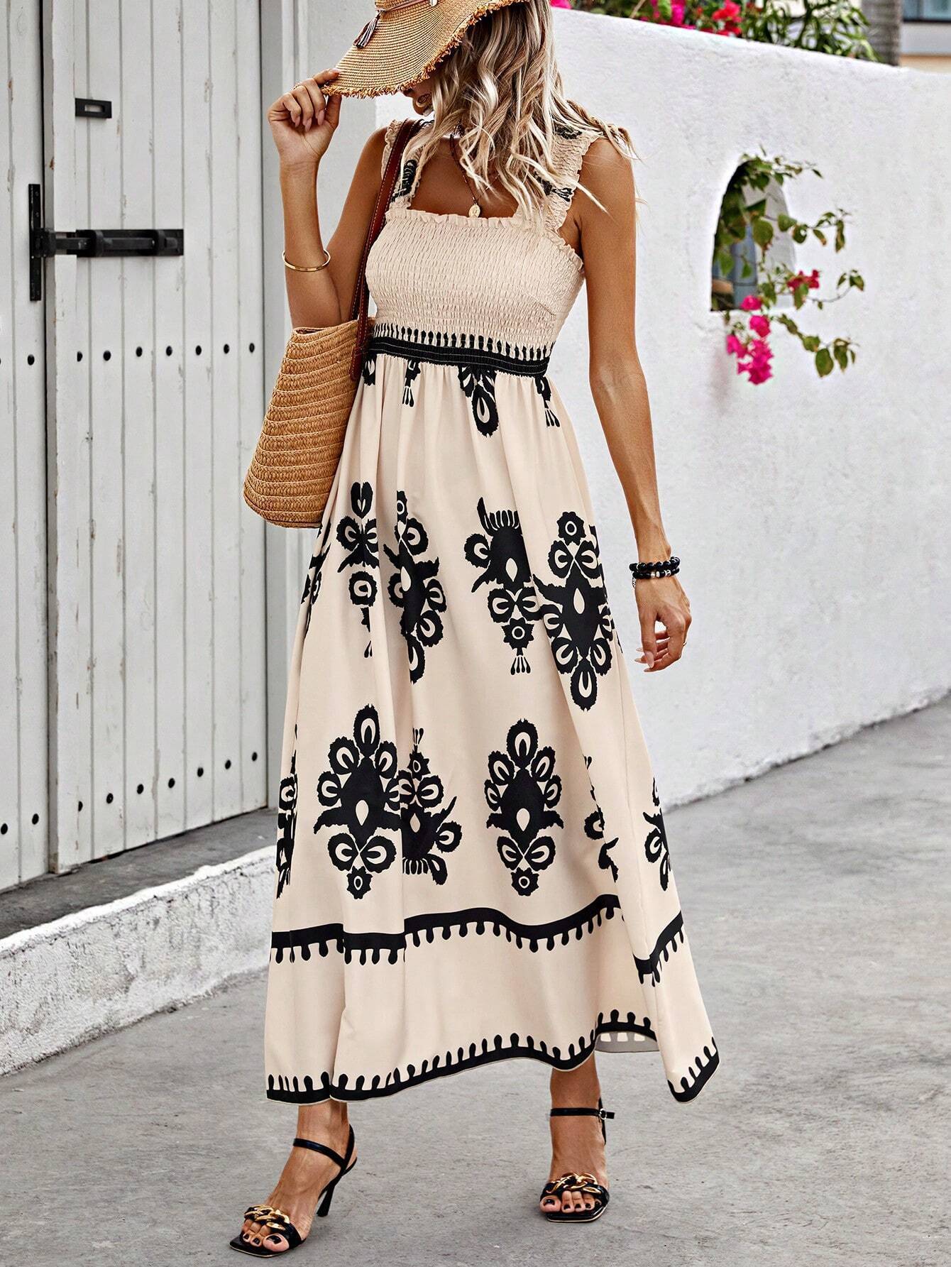 Boho-Maxikleid für Damen mit Blumenmuster und Smokdetails