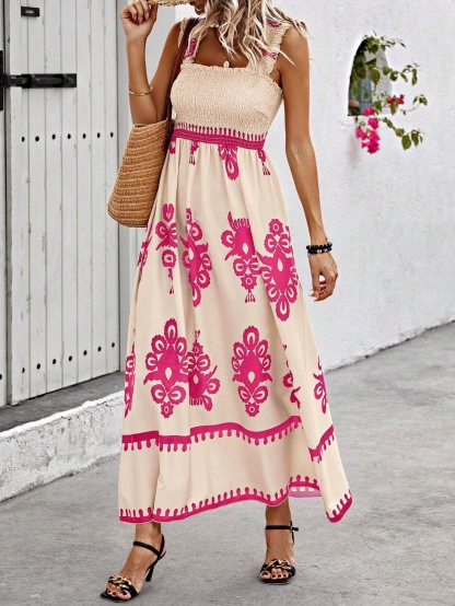 Boho-Maxikleid für Damen mit Blumenmuster und Smokdetails
