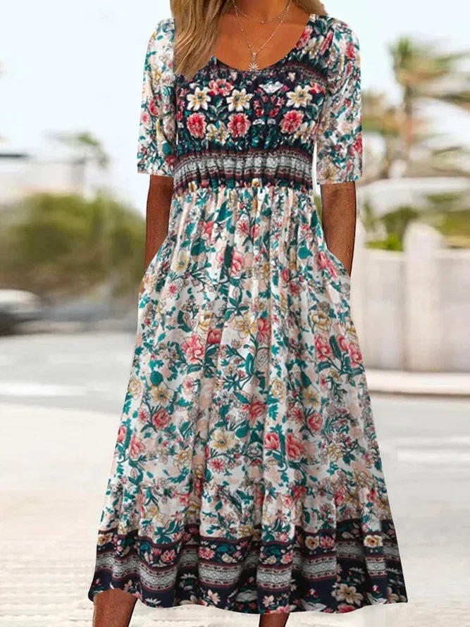 Round neck short sleeve bohemian print dress