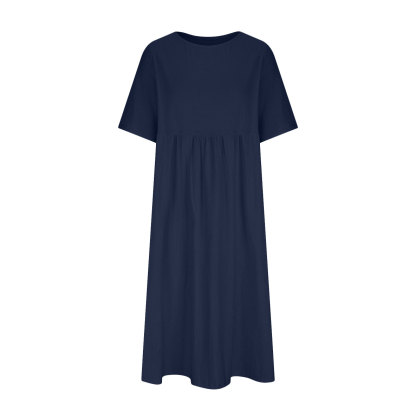 Locker sitzendes, kurzärmeliges Midikleid aus Baumwolle und Leinen mit Rundhalsausschnitt.