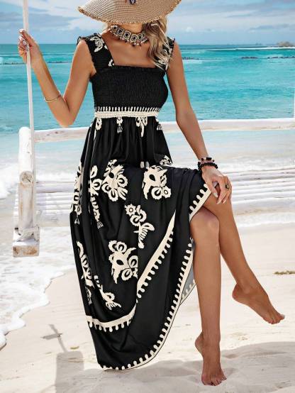 Boho-Maxikleid für Damen mit Blumenmuster und Smokdetails