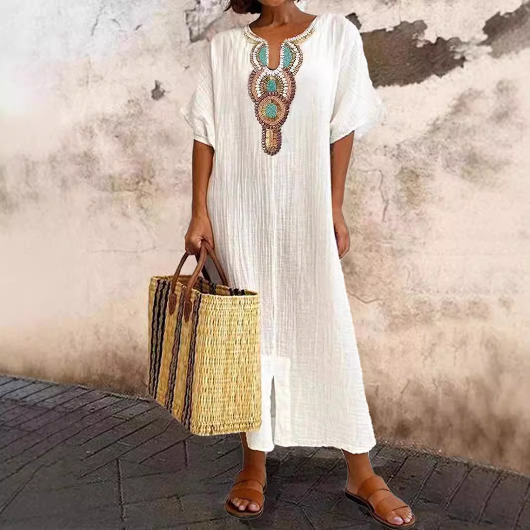Boho-besticktes Kaftan-Maxikleid für Damen aus Leinenmischung