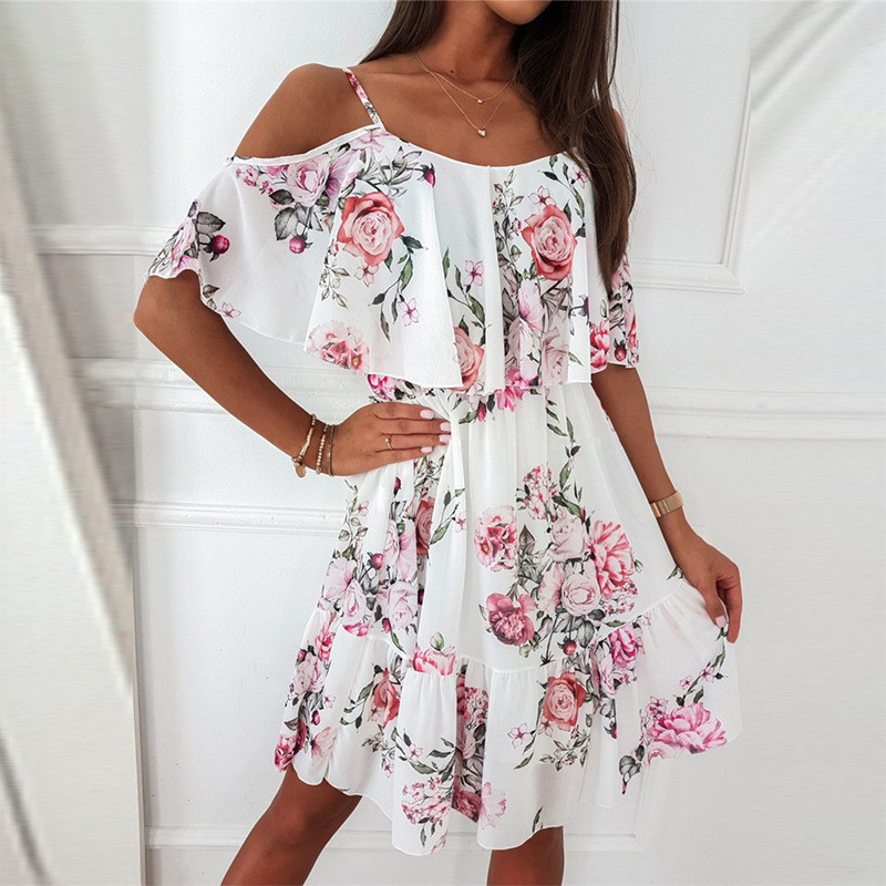 Sexy Chiffonkleid mit Print und schulterfreiem Ausschnitt