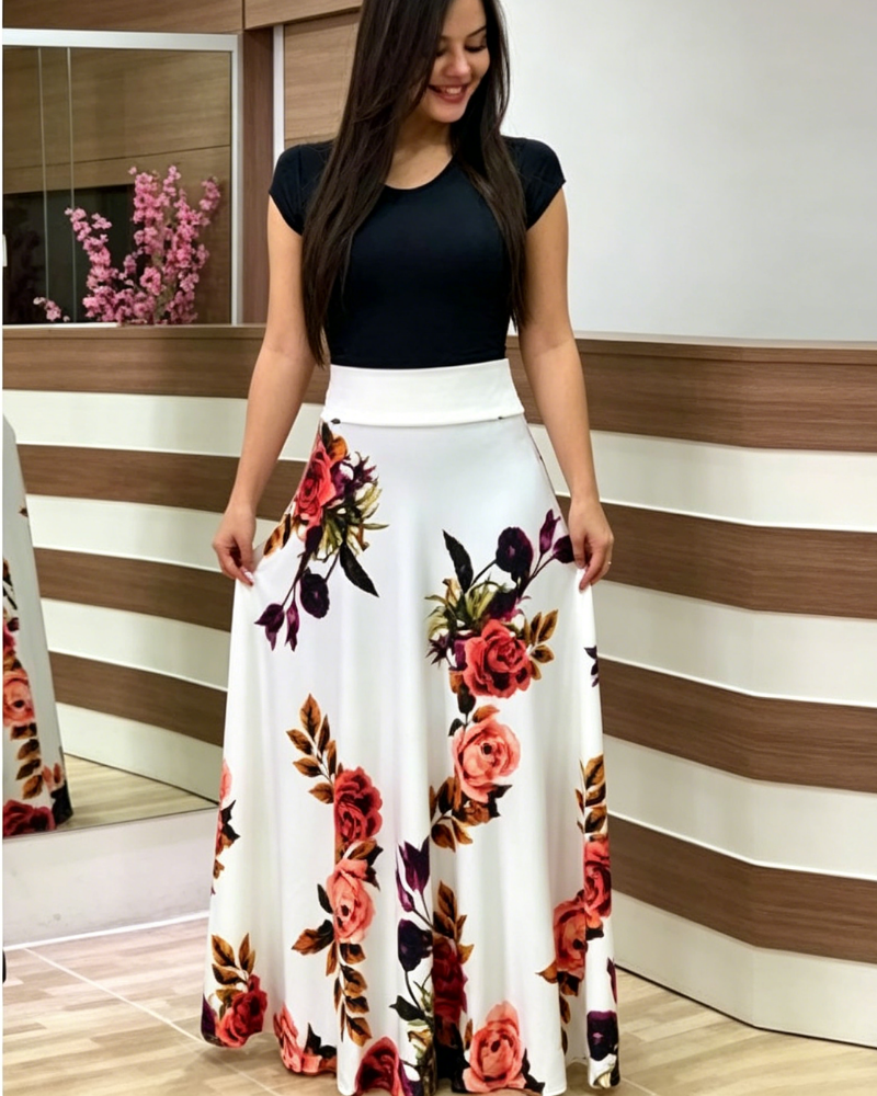 Damenkleid mit Blumenmuster und Farbblockdesign