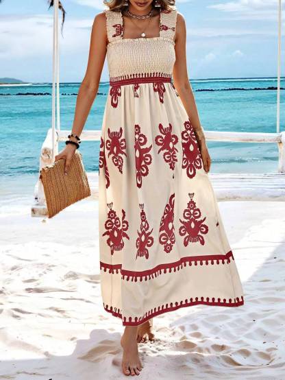 Boho-Maxikleid für Damen mit Blumenmuster und Smokdetails