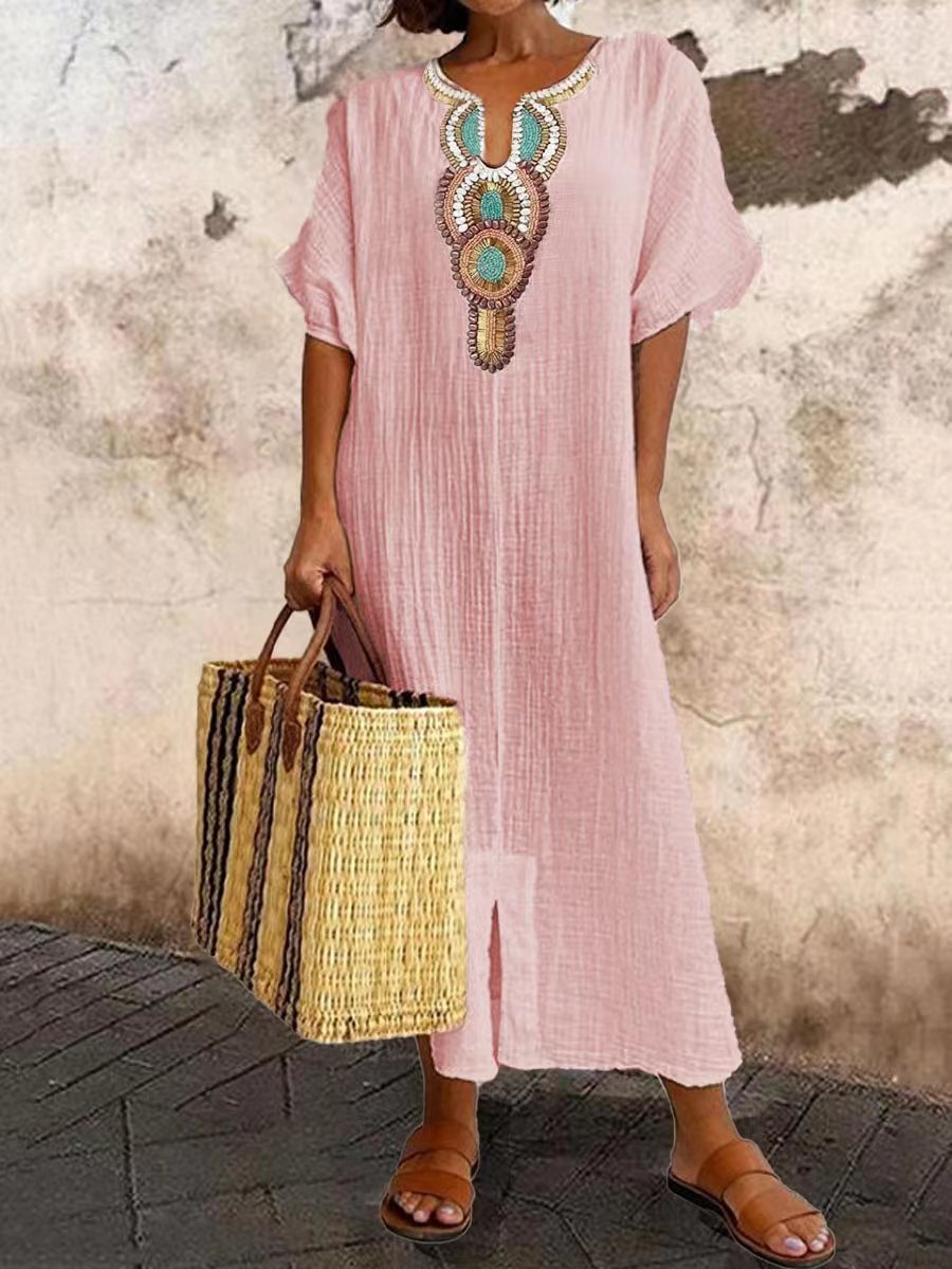 Boho-besticktes Kaftan-Maxikleid für Damen aus Leinenmischung